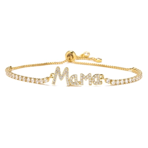 Detail of gold Mama bracelet with zircon stones and adjustable sliding clasp