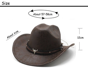 Brown faux leather cowboy hat dimensions: 57-58cm circumference and 12cm crown height