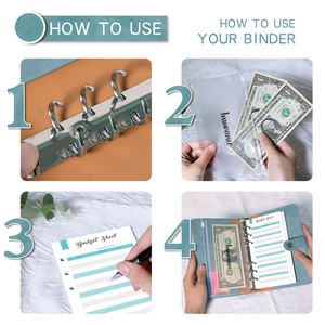 Instructional guide for A6 Macaron PU leather budget binder with zipper envelopes and sheets