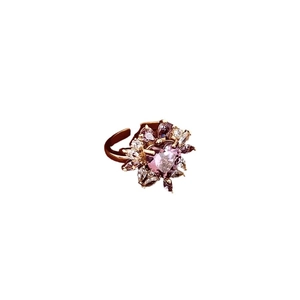 14k gold plated heart floral open ring featuring pink zircon and crystal cluster