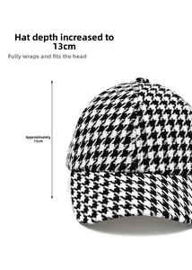 Detail of vintage houndstooth baseball cap with a 13cm deep fit for better head coverage