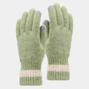 Detail of green knitted touchscreen gloves with grey fingertips and striped ribbed cuffs