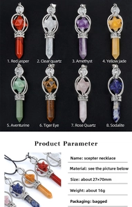 Detailed size chart for the Merkaba scepter necklace featuring natural stone measurements