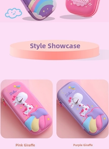 Detail of 3D embossed EVA pencil case with cute sleeping giraffe design for kids