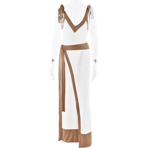 Ensemble chic deux pièces pour femme avec col en V et dos nu en blanc et marron bicolore