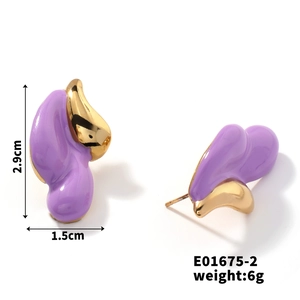 Detail view of purple and gold teardrop earrings with dimensions 2.9cm by 1.5cm
