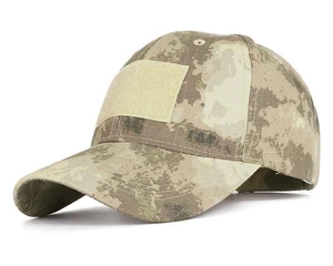 Detail of desert camouflage tactical cap featuring front hook-and-loop patch panel