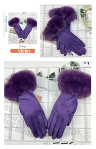 Detailed view of lavender faux fur cuffs and premium suede fabric on winter gloves