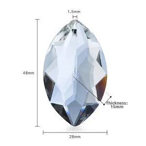 Detail view of 48mm AB color crystal leaf pendant with faceted surface and dimensions
