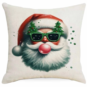 Close-up of Santa Claus bubble print on square linen pillowcase with sharp details