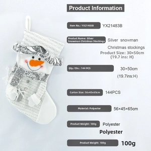 Close-up of silver snowman knitted Christmas stocking with 3D sequins and polyester texture
