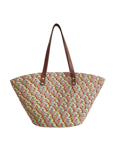 Colorful woven straw tote bag with brown leather handles and large capacity design