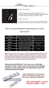 Detailed size chart for vintage leather bracelet with stainless steel magnetic clasp dimensions