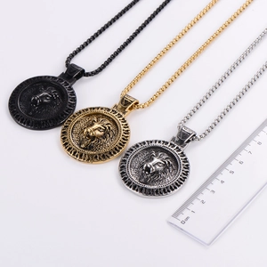Vintage Celtic lion pendant necklace in gold, silver and black finishes with bead chain