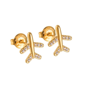 Minimalist 18K gold-plated stainless steel airplane stud earrings with zircon accents