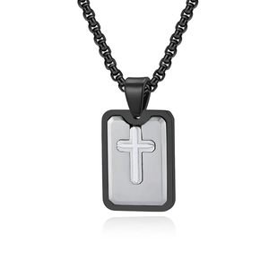 Retro triple-layer square cross pendant necklace with black chain for men in vintage style