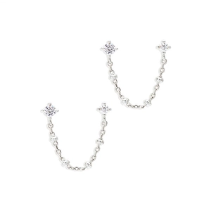 Detail of S925 sterling silver chain earrings with cz stones for double ear piercings