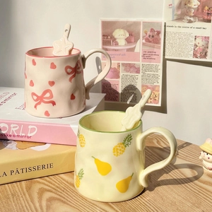 Cute Ceramic Mug And Star Spoon Irregular Hand Pinched Texture Bow Heart Pineapple Pattern Fresh Ins Style For Girls