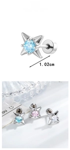 Detailed view of 1.02cm star earrings in blue, pink and white with screw back studs