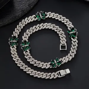 Butterfly Cuban Link Necklace Bracelet Alloy Rhinestone Iced Out Bling Hip Hop Jewelry Emerald Green Zircon Pendant