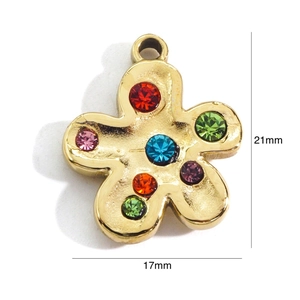 Detail of flower charm with colorful rhinestones measuring 21mm by 17mm for DIY jewelry