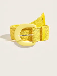 Bohemian style bright yellow woven stretch belt with large D-ring buckle for women