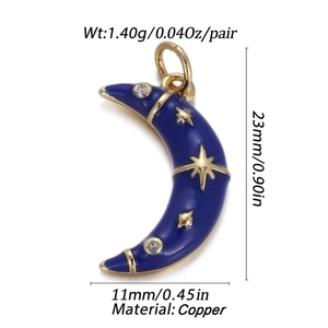 Blue crescent moon pendant with gold stars and measurements in 23mm height