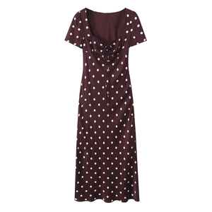 Vintage Polka Dot Midi Dress Short Sleeve Square Neck Tie Front Elegant Retro Polyester Bodycon For Women