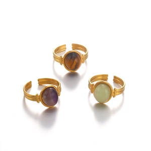 Retro 18k gold plated stainless steel rings with colorful oval gemstones in three colors