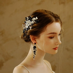 Handmade bridal hair comb and drop earrings set with black floral pearls and rhinestones