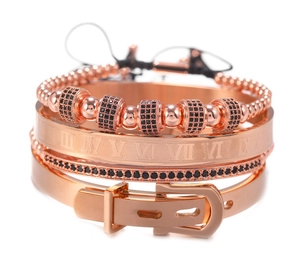 Roségoldenes Armband-Set mit römischen Ziffern und schwarzen Zirkoniasteinen