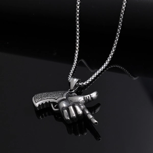 Unisex stainless steel pistol hand gesture pendant necklace with silver O-chain