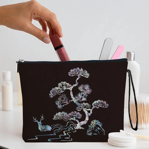 Portable pine print makeup bag with laser effect and convenient black hand strap