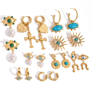Golden stainless steel earring set with evil eye, cross pendants and baroque pearls