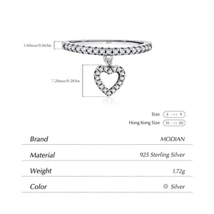 S925 sterling silver heart charm ring with sparkling crystals and size dimensions