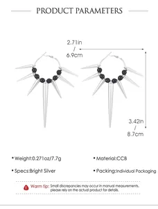 Detailed view of punk silver spiked hoop earrings with black beads and measurements