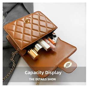 Internal view of brown quilted backpack showing capacity for phone and cosmetics