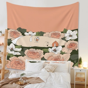 Tapisserie avec femme et fleurs sur un mur de chambre pour une décoration chaleureuse