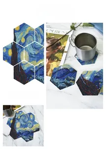 Detailed view of hexagonal diamond painting coasters featuring Starry Night art pattern