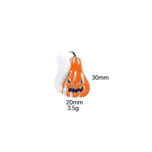 Detailed view of enamel Halloween pumpkin brooch with 30mm height and 20mm width markers