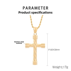 Detailed parameter view of gold stainless steel cross pendant with twisted rope texture