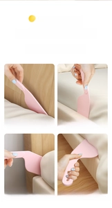Pink bedsheet tucker tool shown in four scenarios for smoothing edges and corners