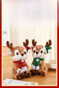 Close-up of plush Christmas reindeer dolls with festive scarves and holiday hats