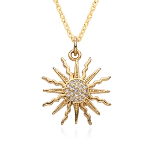 Vintage gold sun face starburst pendant necklace with crystal zircons and long chain