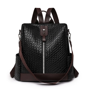 Women's vintage woven PU leather backpack in black and brown for travel use