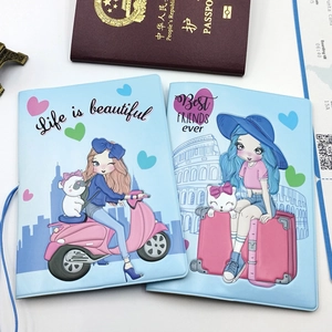 Waterproof light blue passport cover with cartoon travel illustrations and internal card slots