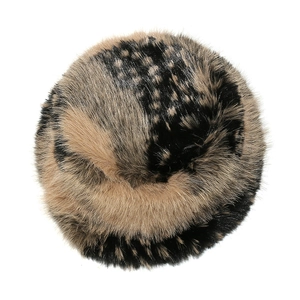 Plush faux fur bucket hat featuring brown and black gradient leopard print for winter warmth
