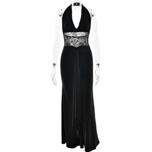 Robe longue noire élégante avec col en V profond, dentelle et jupe longue plissée