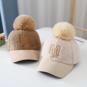 Kids warm teddy fleece baseball cap with M embroidery and plush pompom for winter