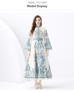 Close-up of elegant paisley floral print and stand collar on luxury long dress
